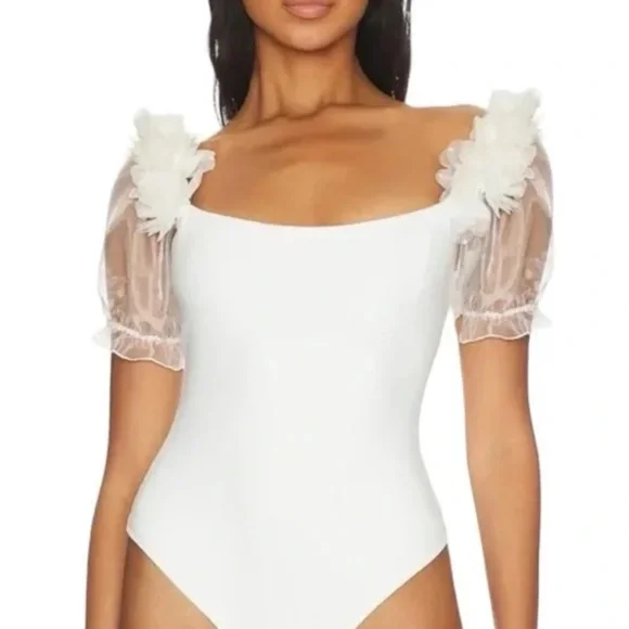 New Free People Floral-Adorned Puff Sleeves Off White Ivory Stretchy Bodysuit